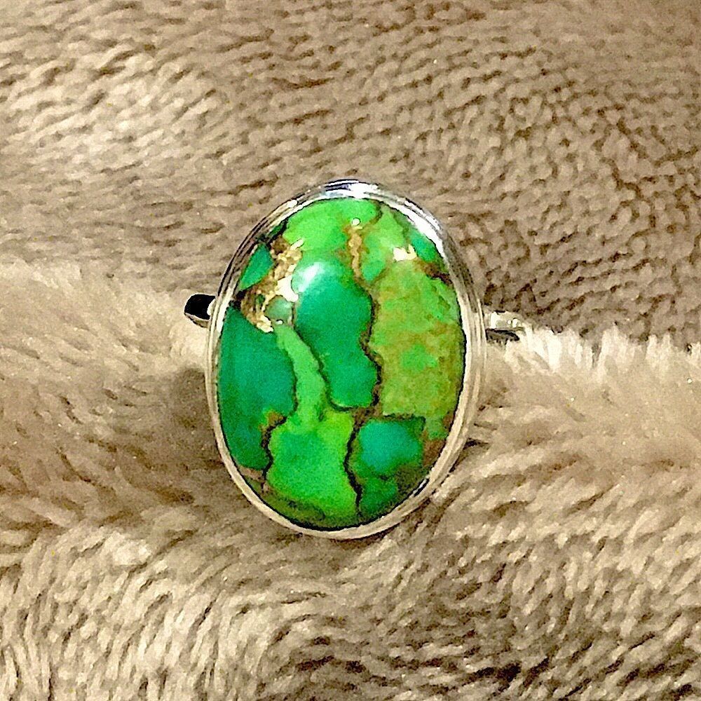 Copper Infused Mohave Green Turquoise and Sterling Silver Statement Ring 8-3/4